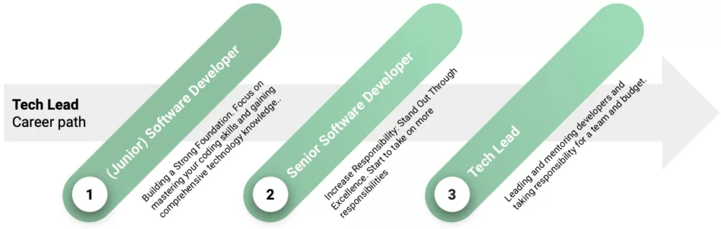 Tech Lead career path showing 3 steps: 1) Junior Software Developer, 2) Senior Software Developer, 3) Tech Lead