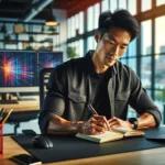 A tech lead, a middle-aged Asian man with short black hair, dressed in a stylish, casual shirt, sitting at a sleek, modern office desk. He is writing in a classical notebook, blending traditional note-taking with a contemporary setting. The office is stylish and vibrant, featuring modern gadgets and large windows with a city view in the background. The scene is wide screen, colorful, and designed to capture a modern yet personal workspace atmosphere.
