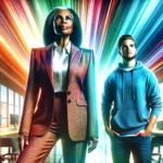 A vibrant, wide-screen digital art image depicting a senior executive and a tech lead in a modern office setting. The senior executive, a middle-aged Black woman, stands prominently in the foreground, exuding authority and leadership. She is dressed in a smart, colorful business suit. Behind her, slightly lower in the frame, a tech lead, a young Caucasian man wearing a casual hoodie, looks up towards her, symbolizing upward communication. The office background is bright and colorful, adding a dynamic and modern feel to the scene